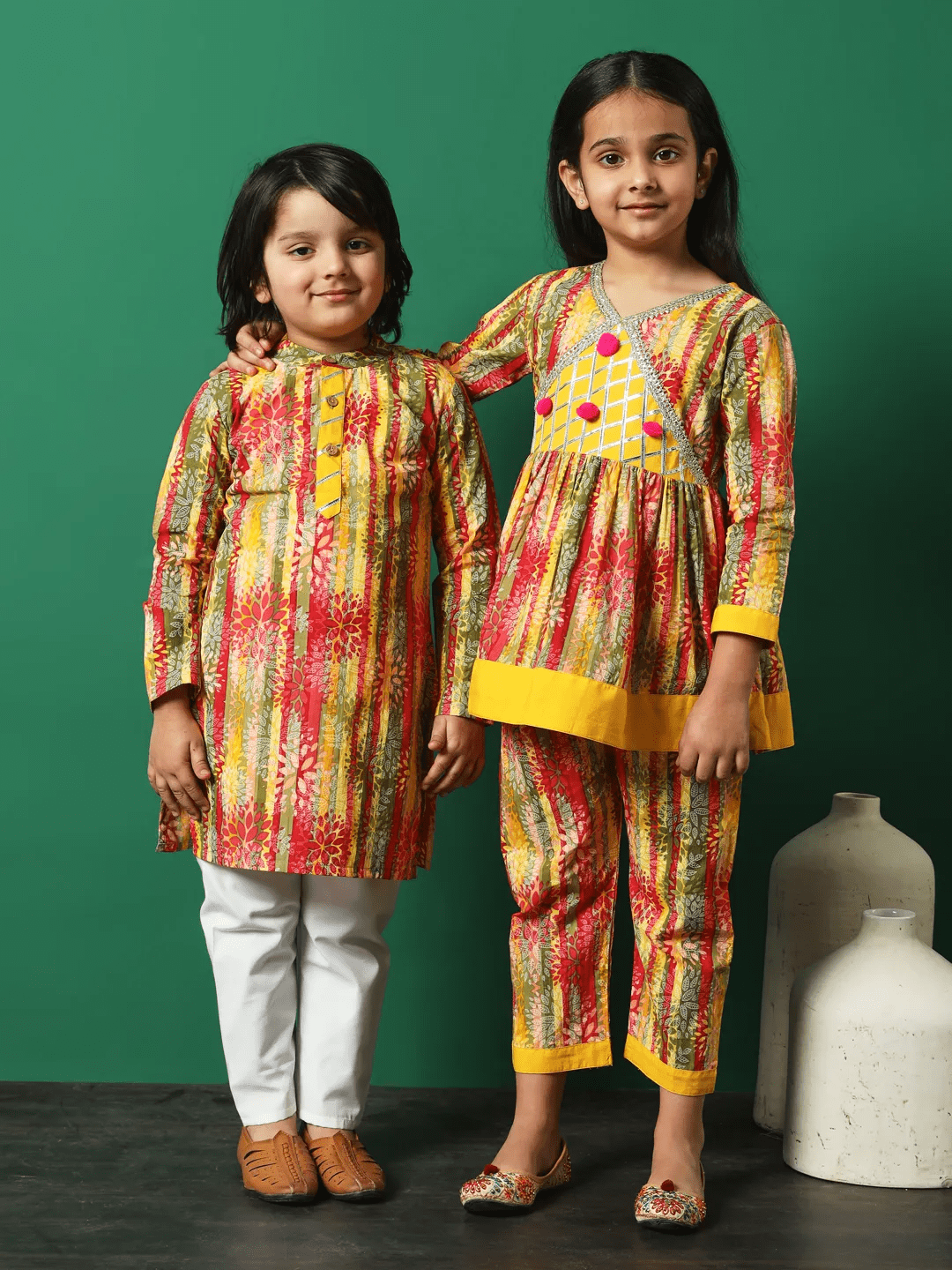 girls-frock-style-cotton-yellow-printed kurti-palazzo-with-gotta-lace-work