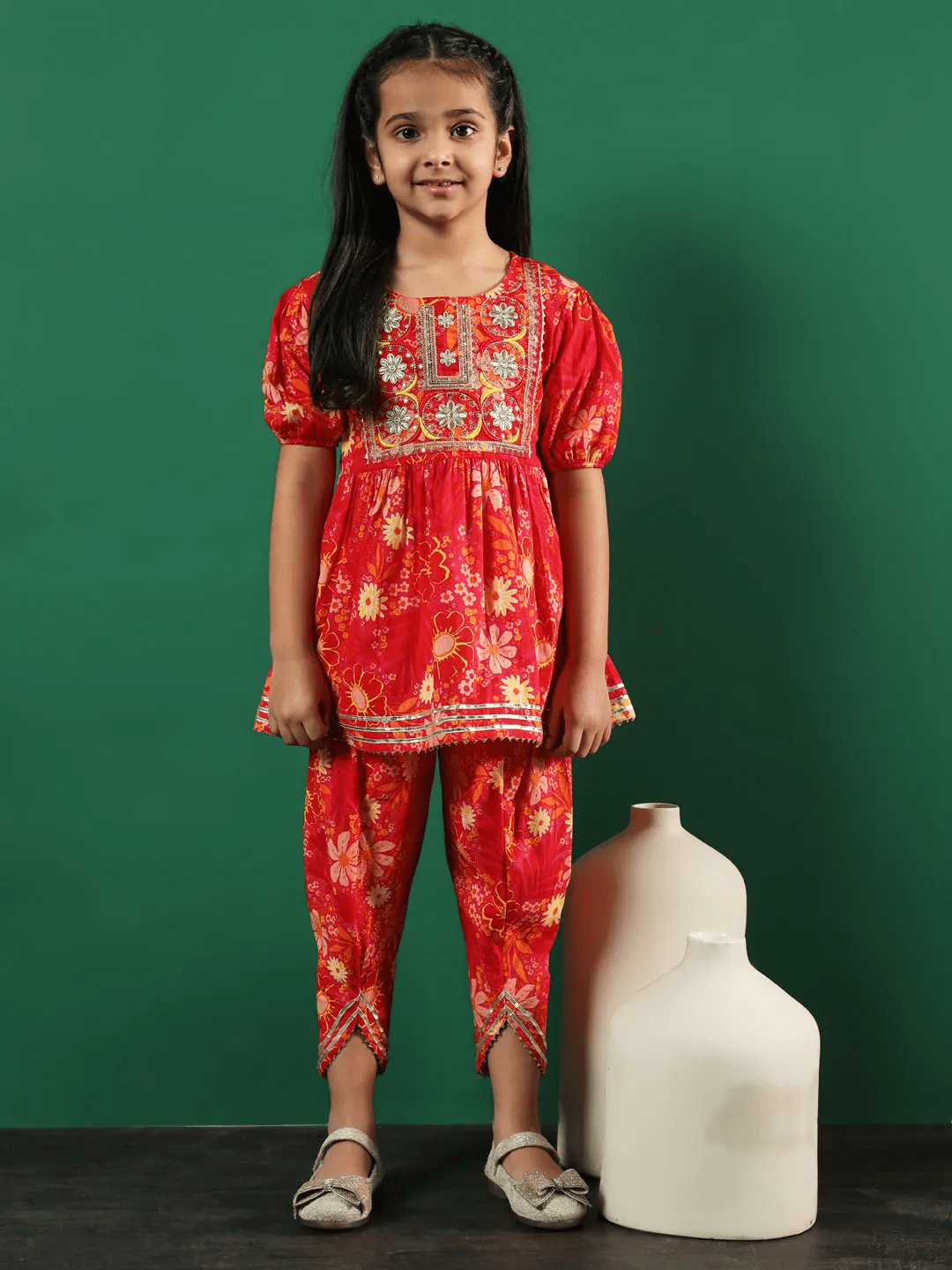 girls-frock-style-cotton-pink-printed-kurti-dhoti-pants-with-zari-sequin-work